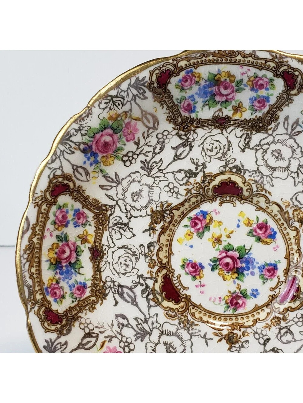 Vintage James Kent Demitasse Teacup & Saucer Pompadour England Gold Floral